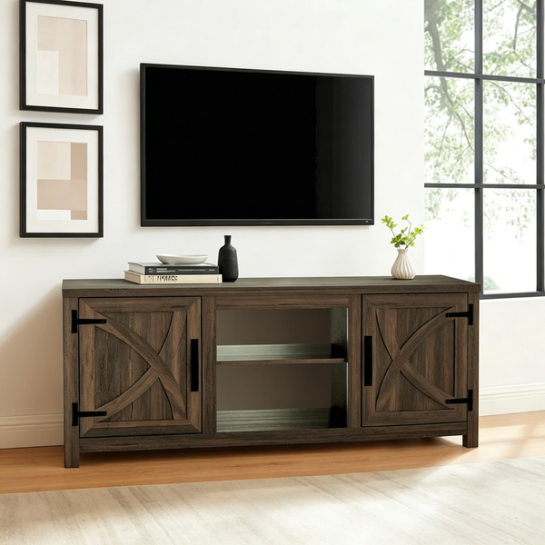 58 Zoll rustikaler TV-Schrank aus Walnussholz mit Scheunentor, für Fernseher bis zu 65 - 58 Zoll Breite