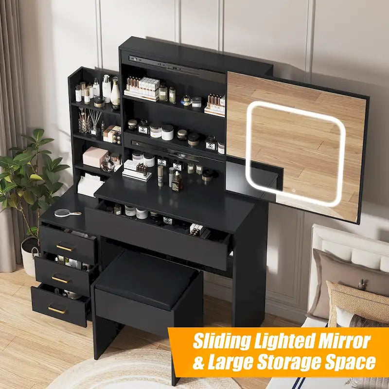 Modern Vanity Desk with Lighted Mirror, LED Lights and Storage Drawers for Bedroom