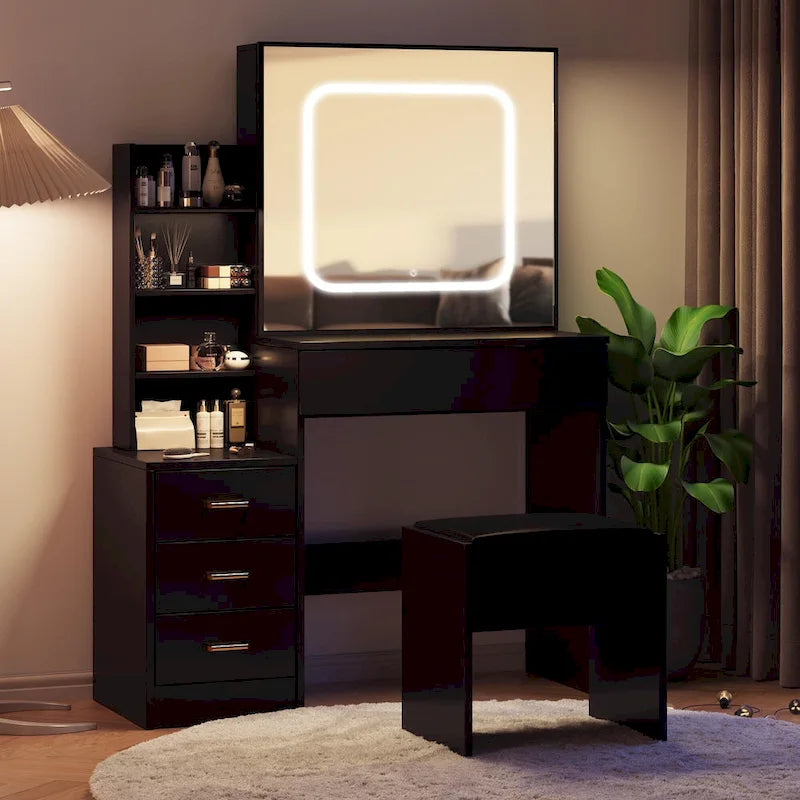 Modern Vanity Desk with Lighted Mirror, LED Lights and Storage Drawers for Bedroom