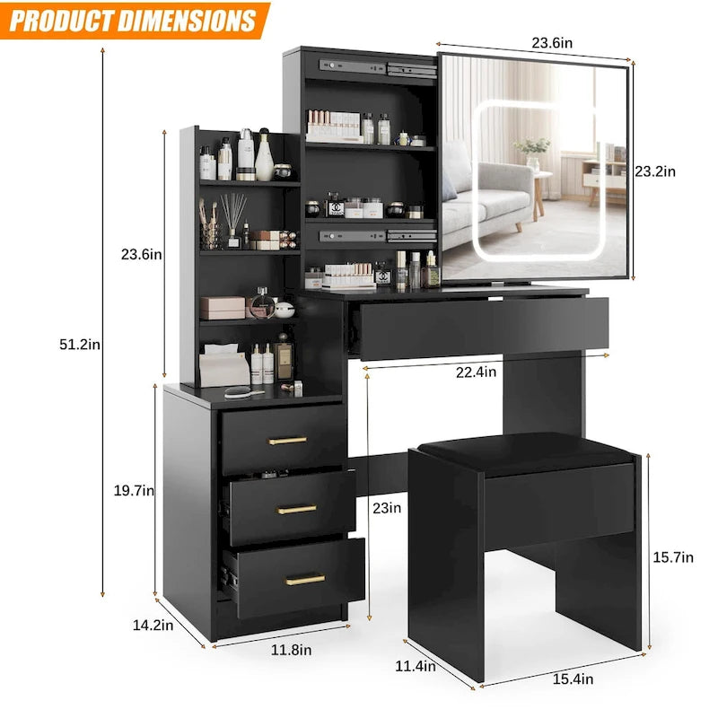 Modern Vanity Desk with Lighted Mirror, LED Lights and Storage Drawers for Bedroom