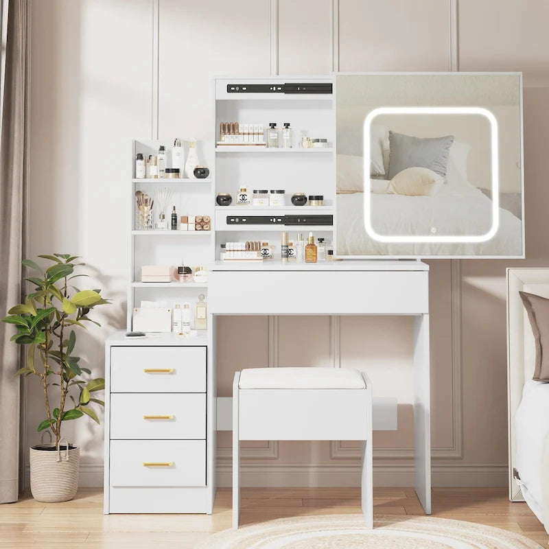 Modern Vanity Desk with Lighted Mirror, LED Lights and Storage Drawers for Bedroom