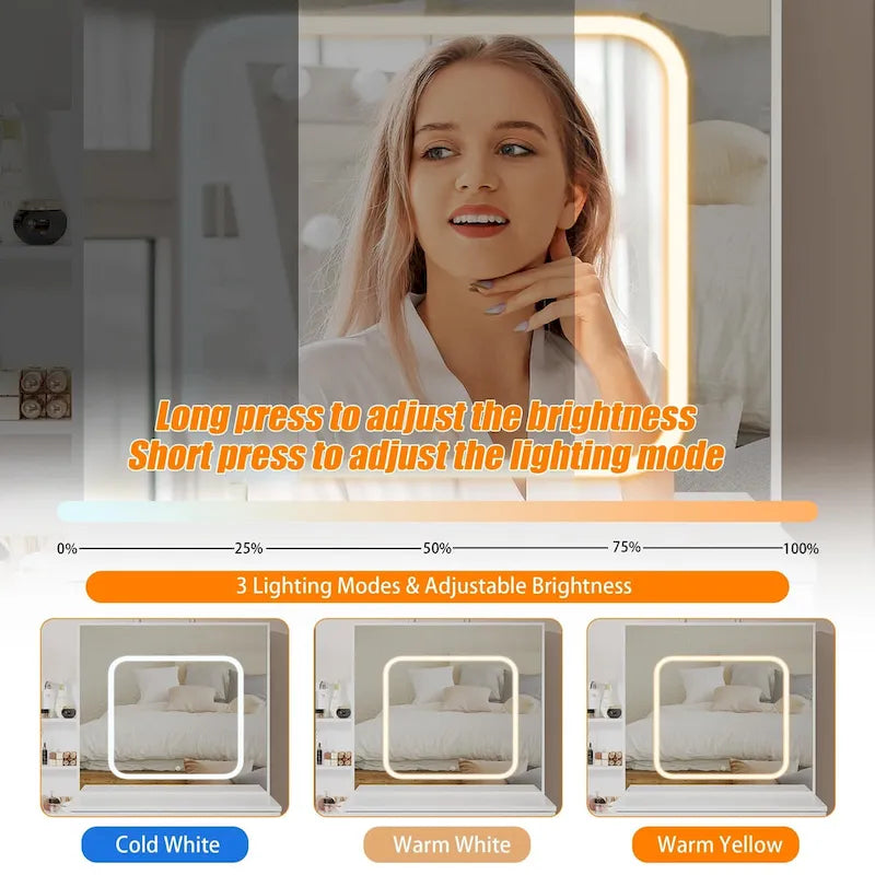 Modern Vanity Desk with Lighted Mirror, LED Lights and Storage Drawers for Bedroom