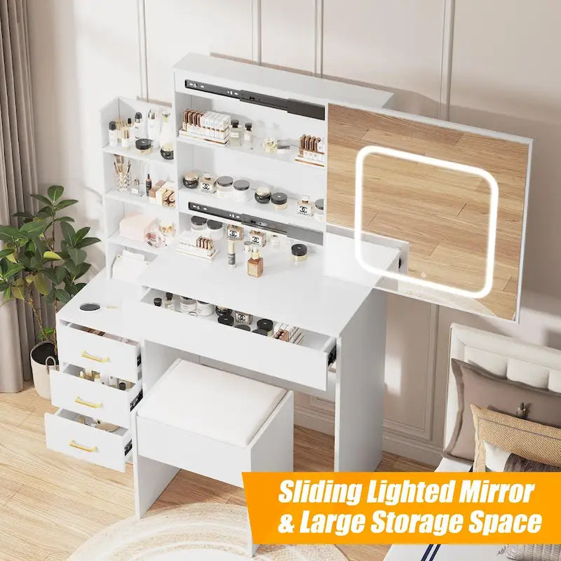 Modern Vanity Desk with Lighted Mirror, LED Lights and Storage Drawers for Bedroom