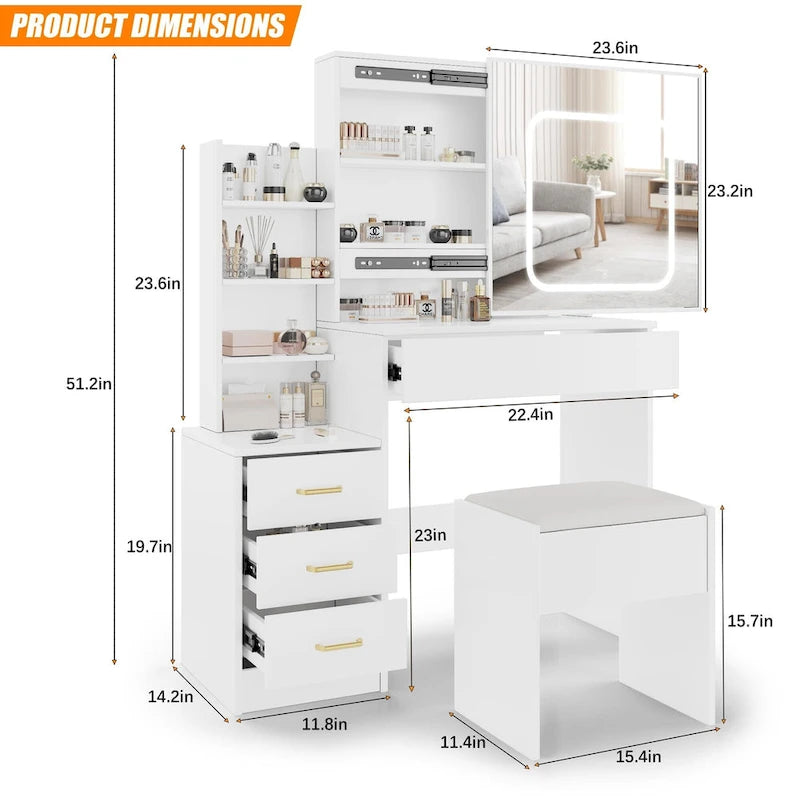 Modern Vanity Desk with Lighted Mirror, LED Lights and Storage Drawers for Bedroom