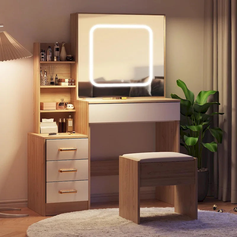 Modern Vanity Desk with Lighted Mirror, LED Lights and Storage Drawers for Bedroom