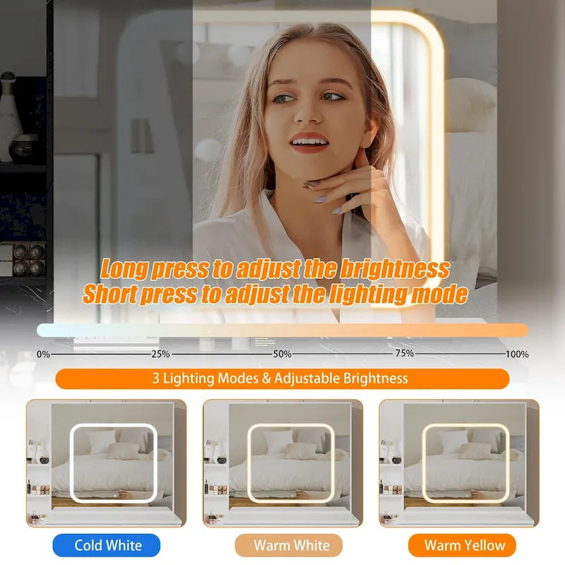 Modern Vanity Desk with Lighted Mirror, LED Lights and Storage Drawers for Bedroom