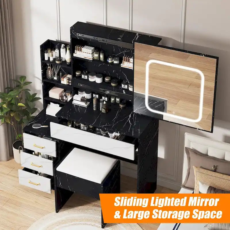 Modern Vanity Desk with Lighted Mirror, LED Lights and Storage Drawers for Bedroom
