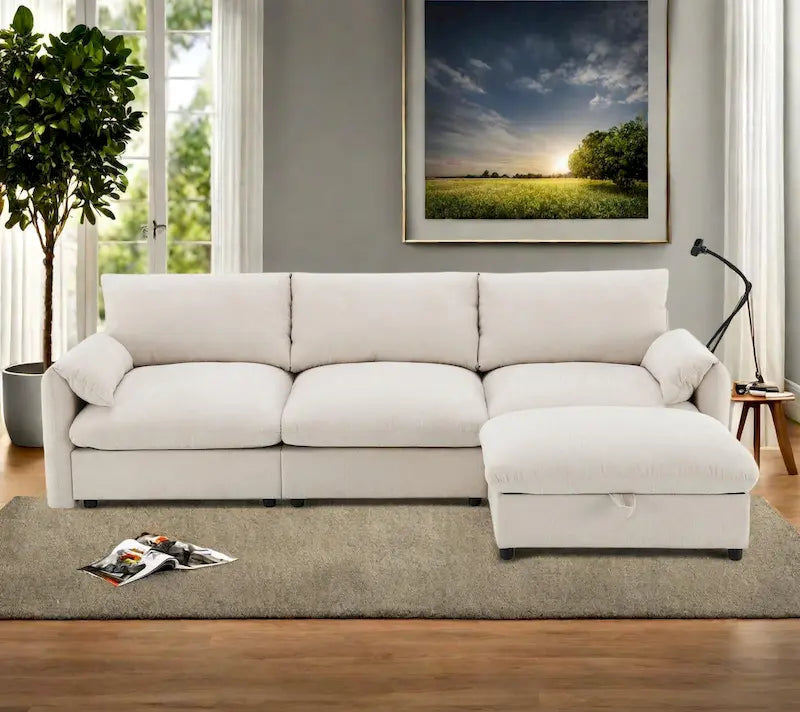 96.5 Chenille L-Shaped Sectional Sofa with Storage Ottoman, Adjustable Phone Holder, USB Charger and Armrest Storage Pockets