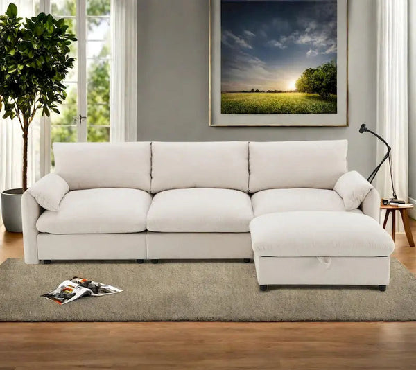 96.5 Chenille L-Shaped Sectional Sofa with Storage Ottoman, Adjustable Phone Holder, USB Charger and Armrest Storage Pockets