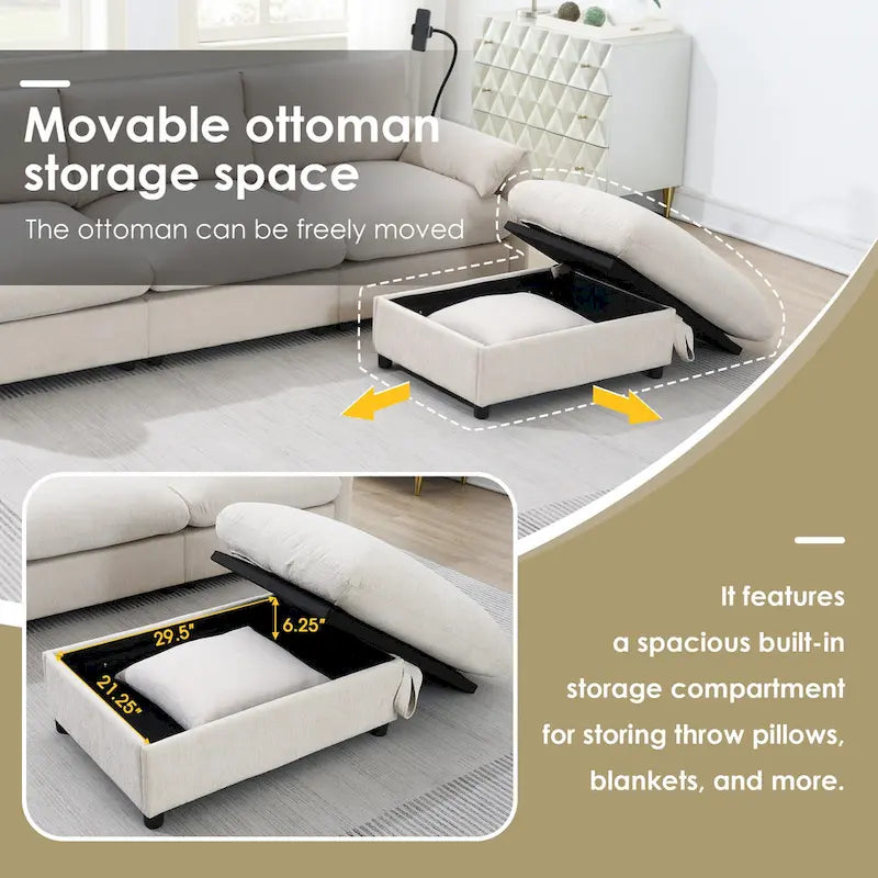 96.5 Chenille L-Shaped Sectional Sofa with Storage Ottoman, Adjustable Phone Holder, USB Charger and Armrest Storage Pockets