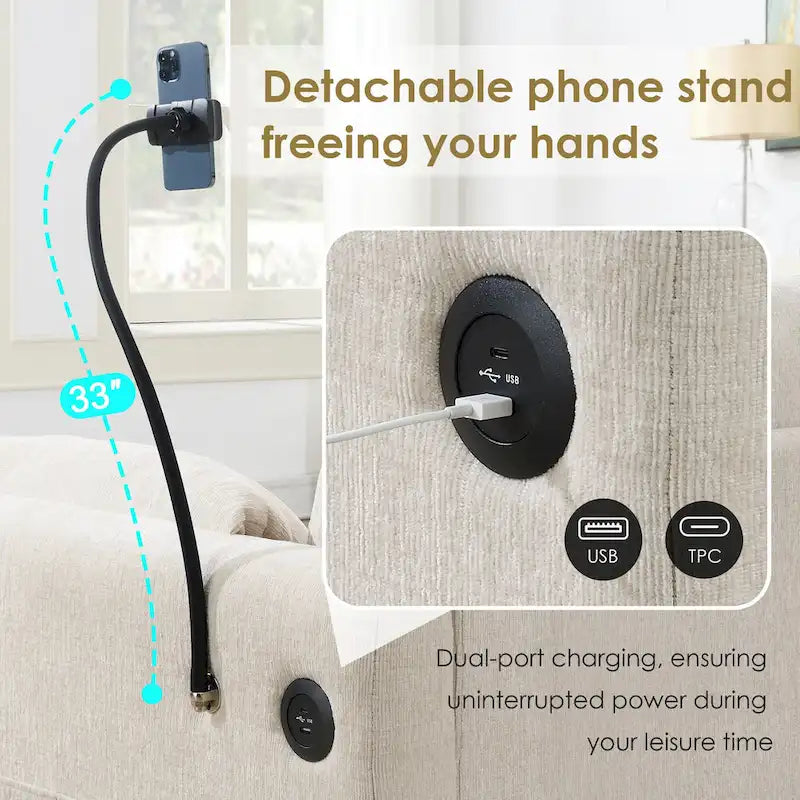 96.5 Chenille L-Shaped Sectional Sofa with Storage Ottoman, Adjustable Phone Holder, USB Charger and Armrest Storage Pockets