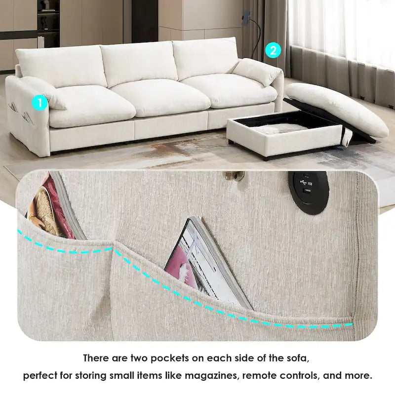 96.5 Chenille L-Shaped Sectional Sofa with Storage Ottoman, Adjustable Phone Holder, USB Charger and Armrest Storage Pockets