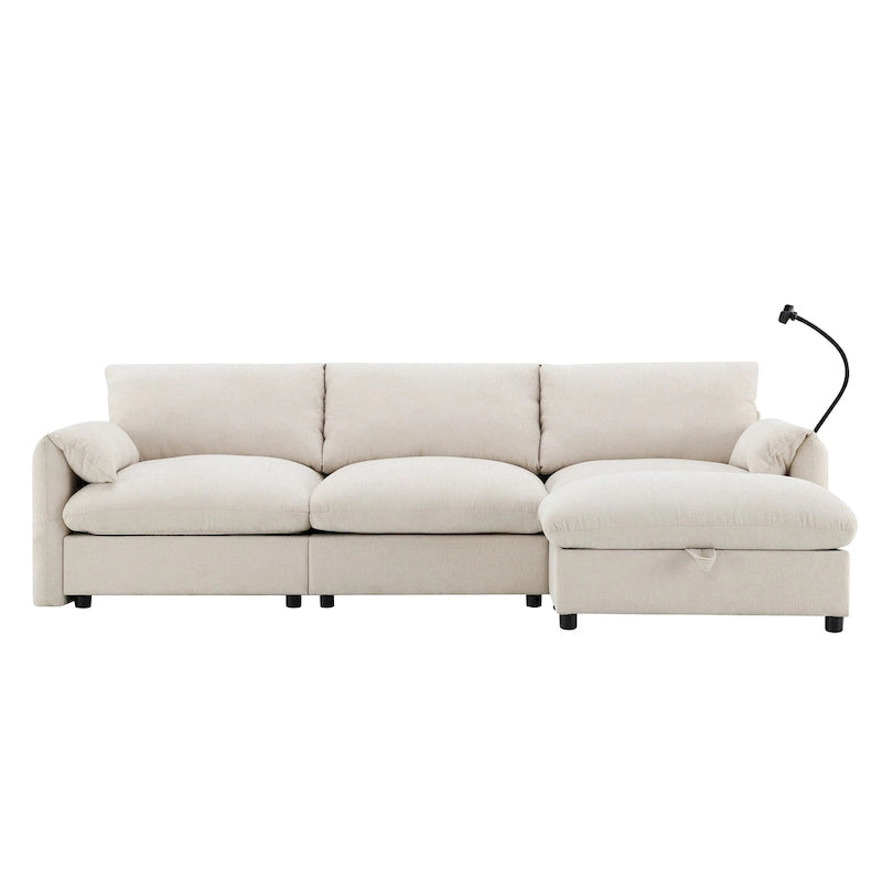 96.5 Chenille L-Shaped Sectional Sofa with Storage Ottoman, Adjustable Phone Holder, USB Charger and Armrest Storage Pockets