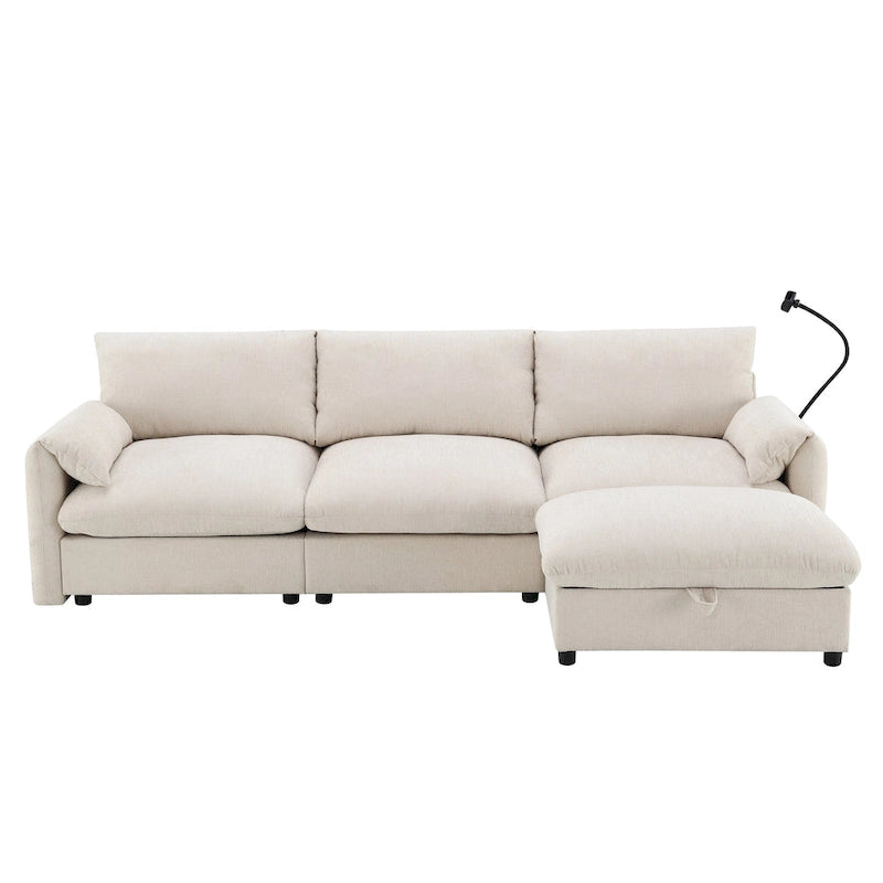 96.5 Chenille L-Shaped Sectional Sofa with Storage Ottoman, Adjustable Phone Holder, USB Charger and Armrest Storage Pockets