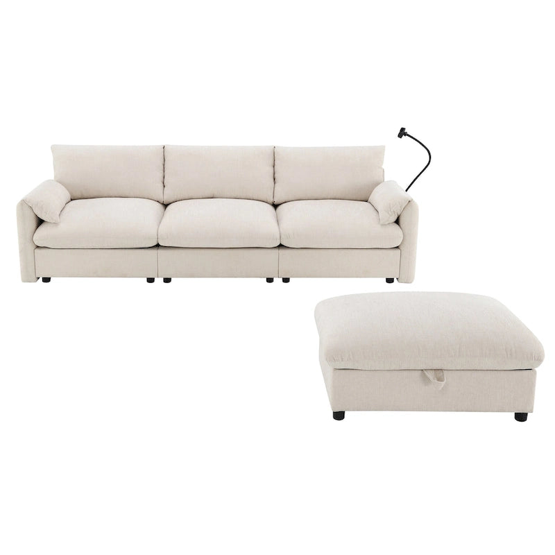 96.5 Chenille L-Shaped Sectional Sofa with Storage Ottoman, Adjustable Phone Holder, USB Charger and Armrest Storage Pockets