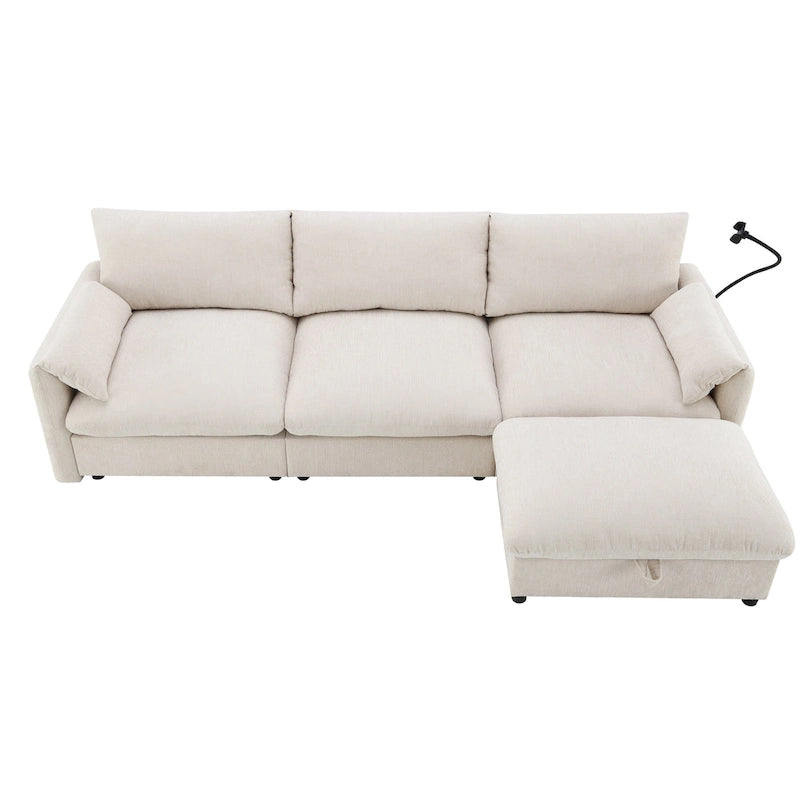 96.5 Chenille L-Shaped Sectional Sofa with Storage Ottoman, Adjustable Phone Holder, USB Charger and Armrest Storage Pockets