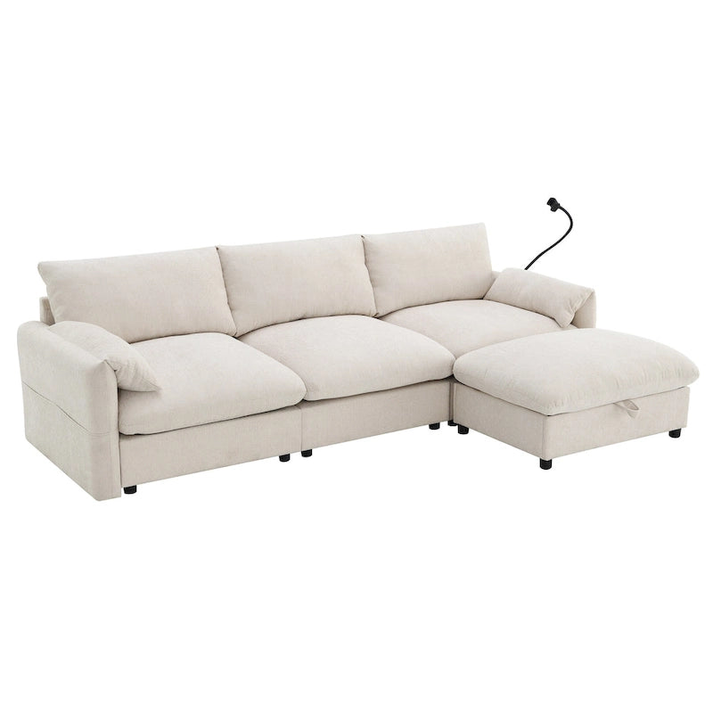 96.5 Chenille L-Shaped Sectional Sofa with Storage Ottoman, Adjustable Phone Holder, USB Charger and Armrest Storage Pockets