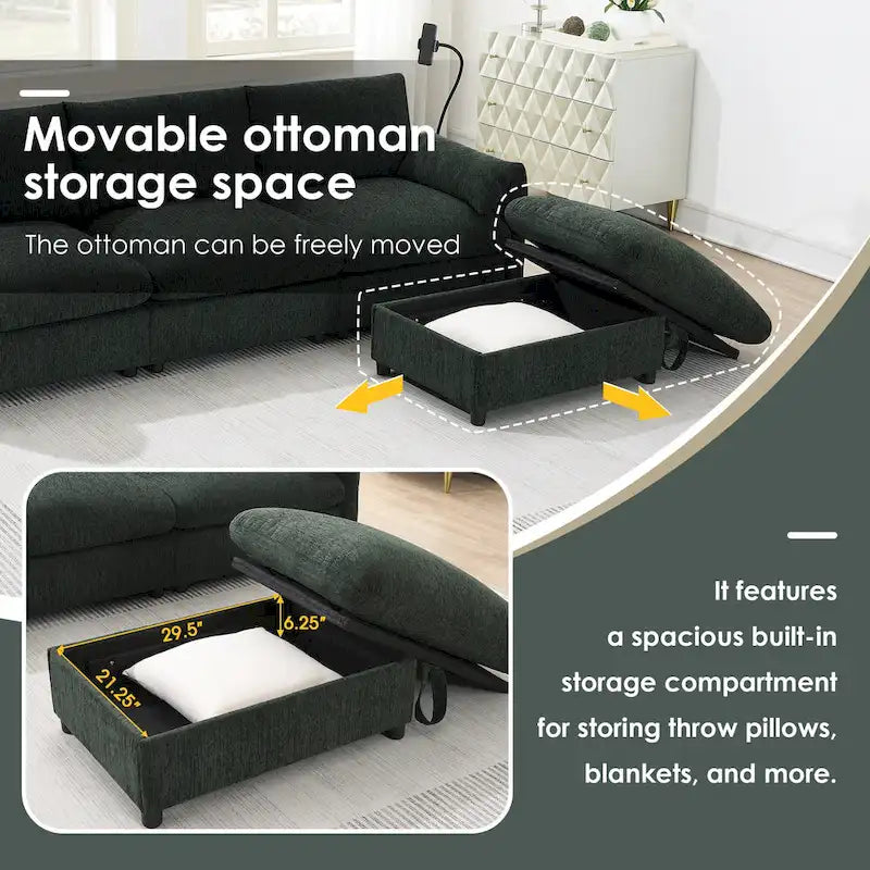 96.5 Chenille L-Shaped Sectional Sofa with Storage Ottoman, Adjustable Phone Holder, USB Charger and Armrest Storage Pockets