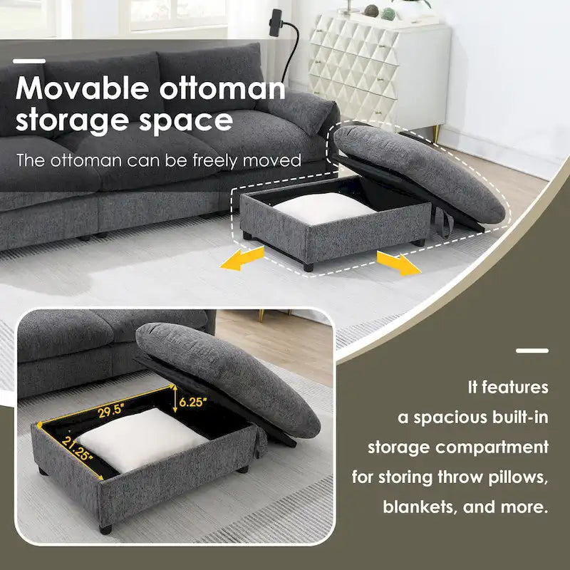 96.5 Chenille L-Shaped Sectional Sofa with Storage Ottoman, Adjustable Phone Holder, USB Charger and Armrest Storage Pockets