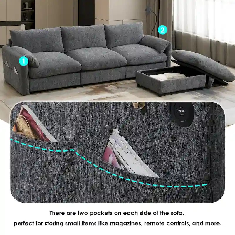 96.5 Chenille L-Shaped Sectional Sofa with Storage Ottoman, Adjustable Phone Holder, USB Charger and Armrest Storage Pockets