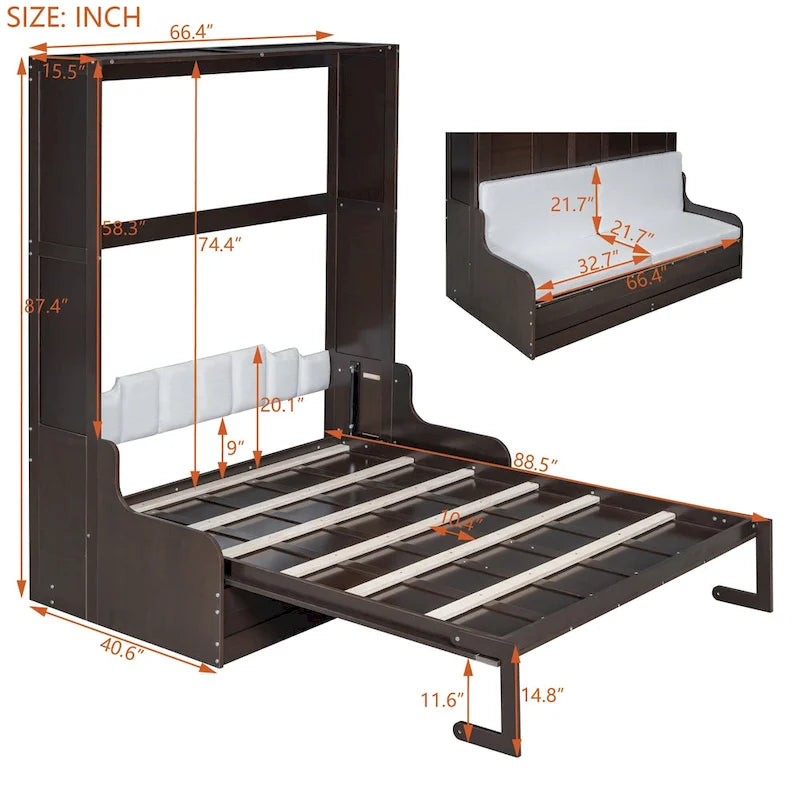 Espresso Queen Size Multi-function Murphy Bed with Cushion