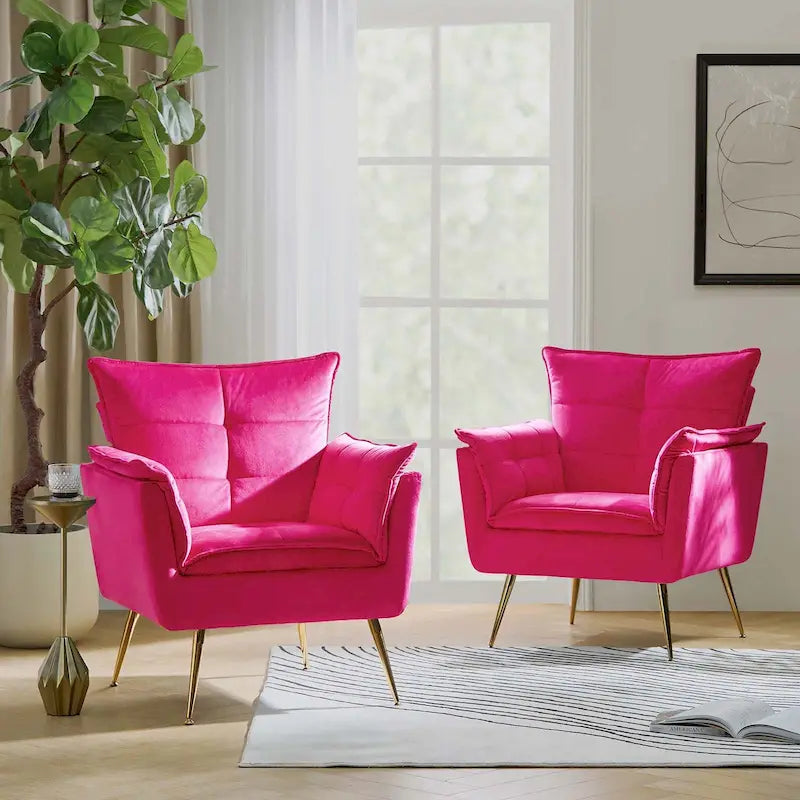 Modern Velvet Tufted Accent Armchair with Gold Metal Legs Set of 2