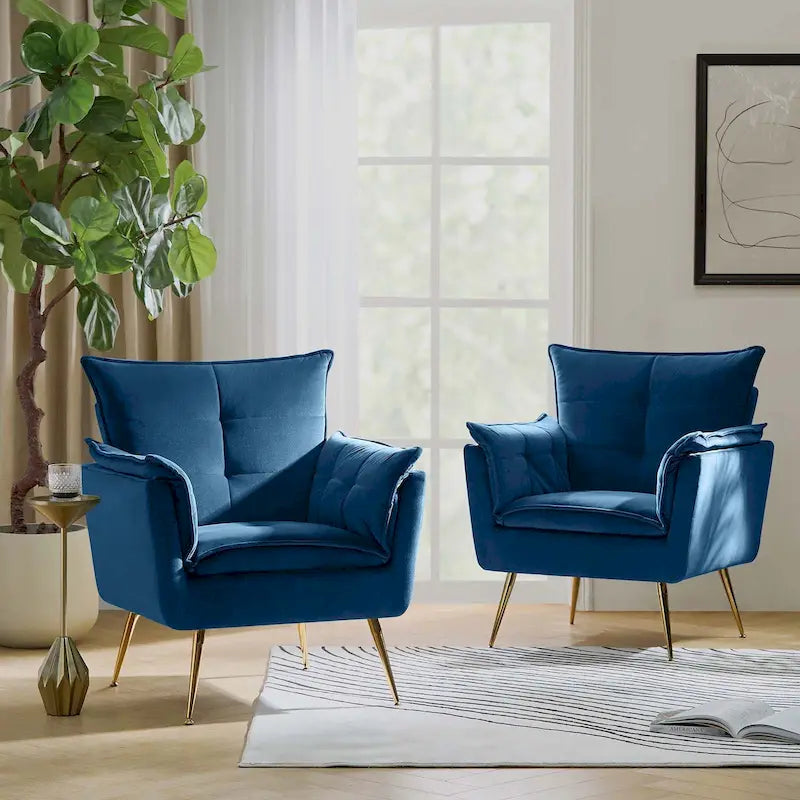 Modern Velvet Tufted Accent Armchair with Gold Metal Legs Set of 2