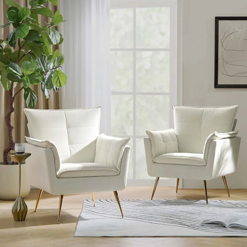 Modern Velvet Tufted Accent Armchair with Gold Metal Legs Set of 2