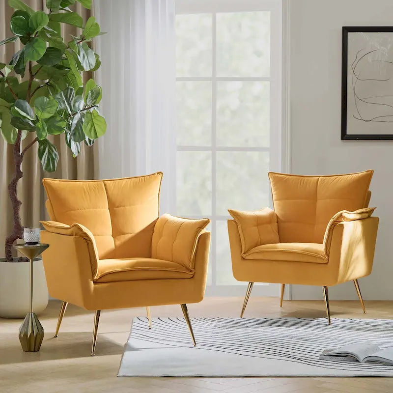 Modern Velvet Tufted Accent Armchair with Gold Metal Legs Set of 2