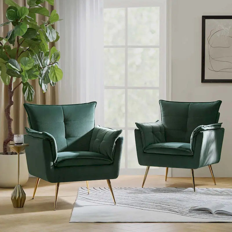 Modern Velvet Tufted Accent Armchair with Gold Metal Legs Set of 2