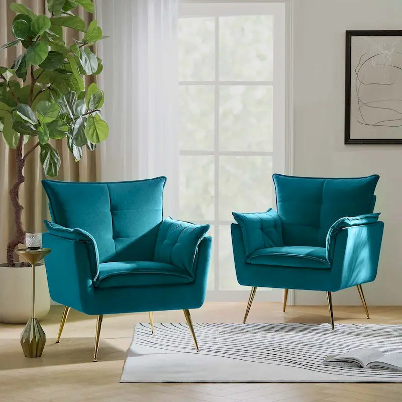 Modern Velvet Tufted Accent Armchair with Gold Metal Legs Set of 2
