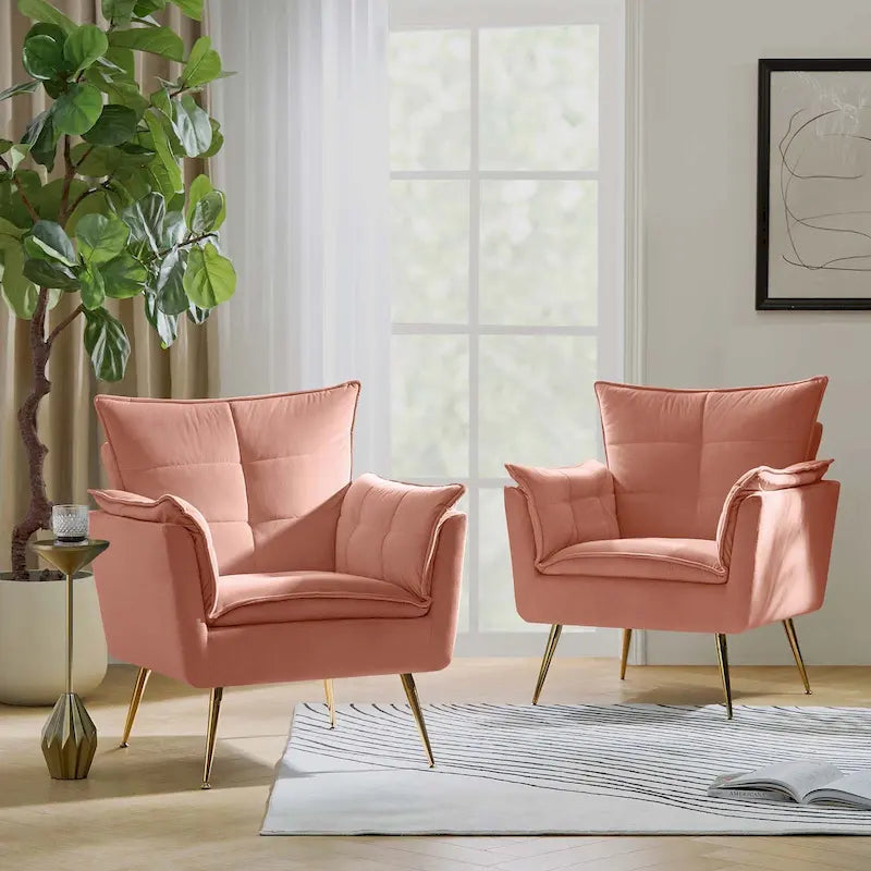 Modern Velvet Tufted Accent Armchair with Gold Metal Legs Set of 2