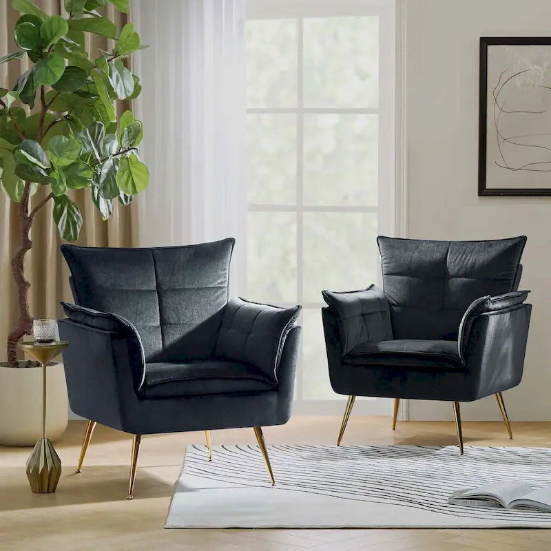 Modern Velvet Tufted Accent Armchair with Gold Metal Legs Set of 2