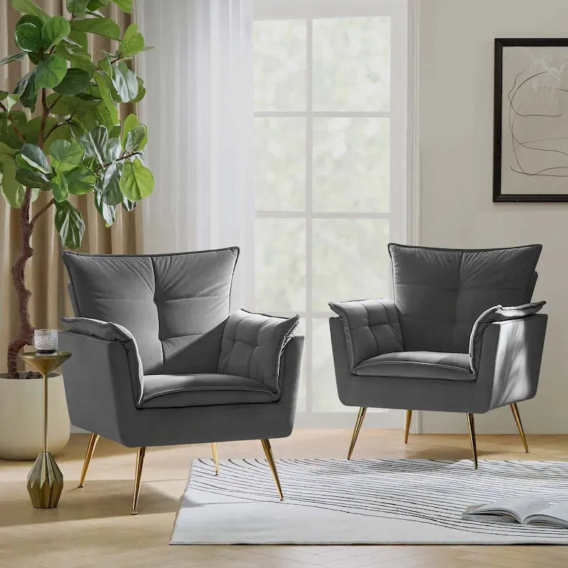 Modern Velvet Tufted Accent Armchair with Gold Metal Legs Set of 2