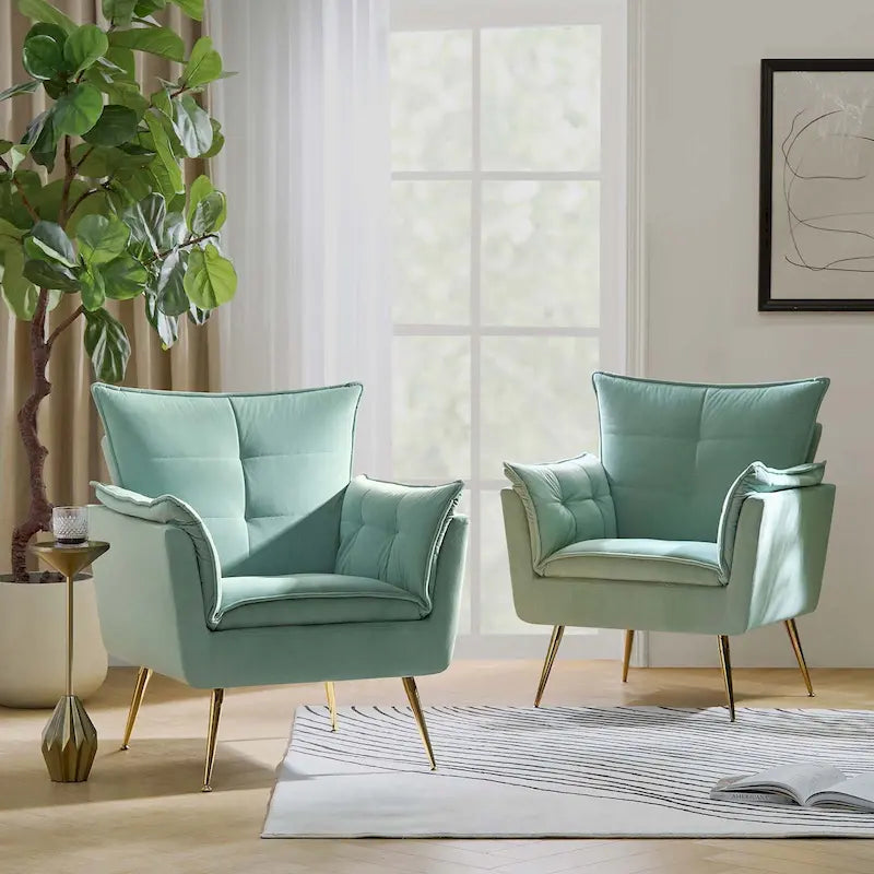 Modern Velvet Tufted Accent Armchair with Gold Metal Legs Set of 2