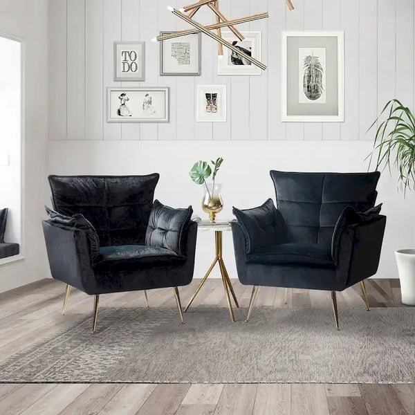 Modern Velvet Tufted Accent Armchair with Gold Metal Legs Set of 2
