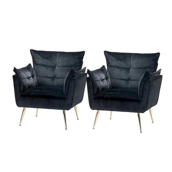 Modern Velvet Tufted Accent Armchair with Gold Metal Legs Set of 2