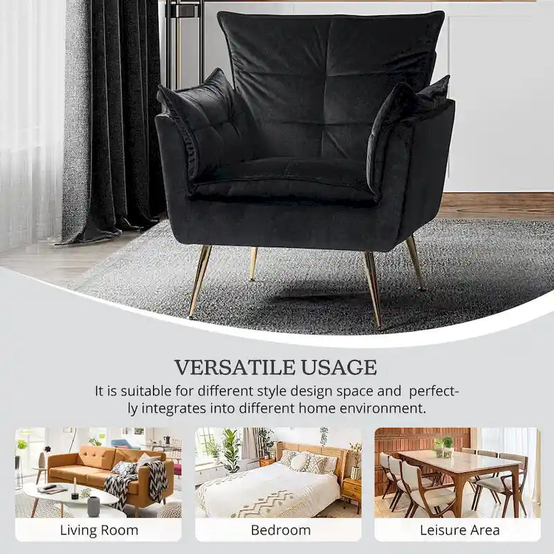 Modern Velvet Tufted Accent Armchair with Gold Metal Legs Set of 2