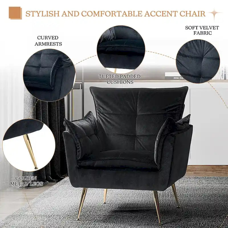 Modern Velvet Tufted Accent Armchair with Gold Metal Legs Set of 2