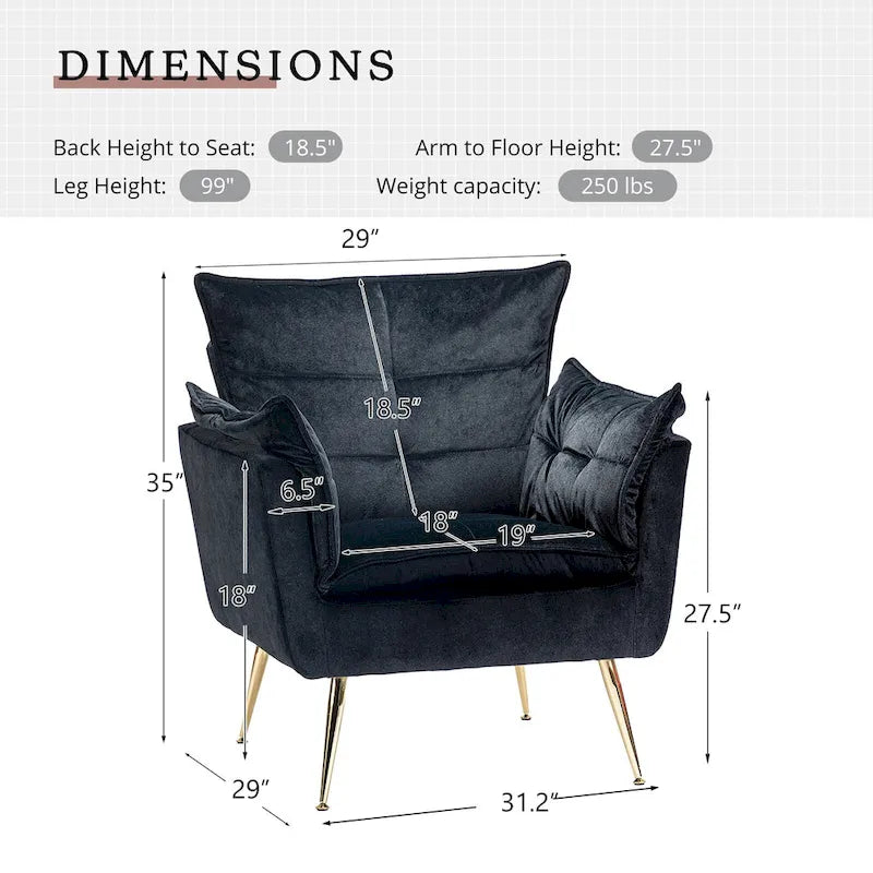 Modern Velvet Tufted Accent Armchair with Gold Metal Legs Set of 2