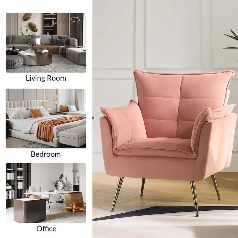 Modern Velvet Tufted Accent Armchair with Gold Metal Legs Set of 2