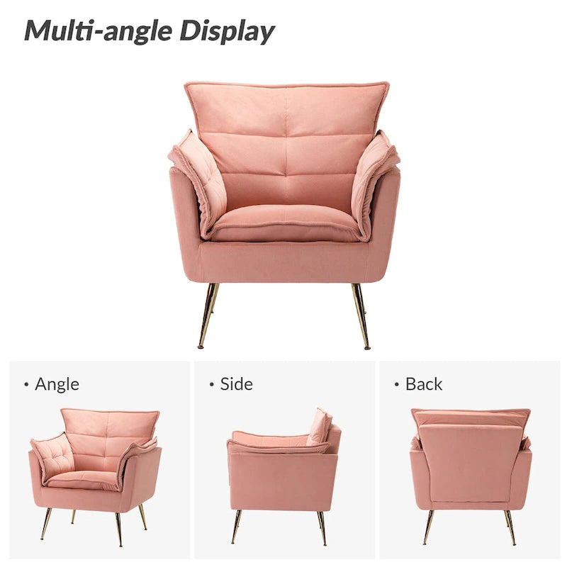 Modern Velvet Tufted Accent Armchair with Gold Metal Legs Set of 2