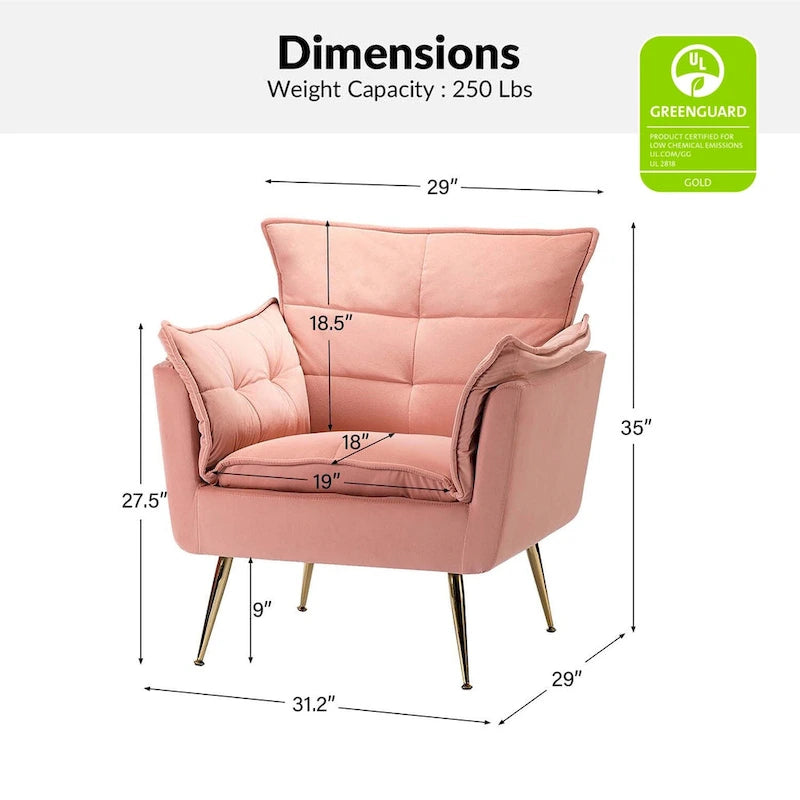 Modern Velvet Tufted Accent Armchair with Gold Metal Legs Set of 2