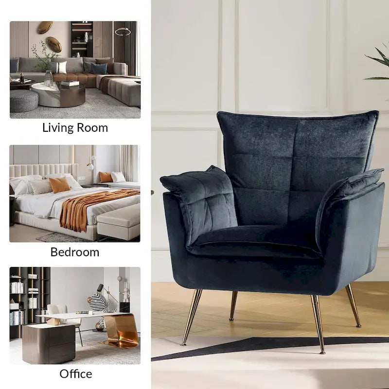 Modern Velvet Tufted Accent Armchair with Gold Metal Legs Set of 2