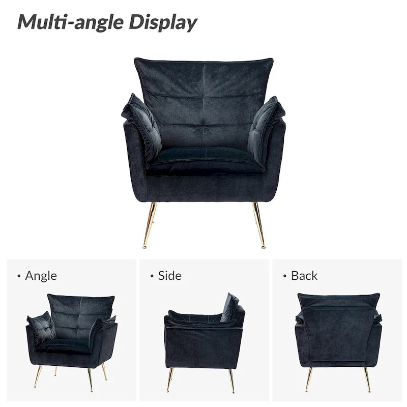 Modern Velvet Tufted Accent Armchair with Gold Metal Legs Set of 2