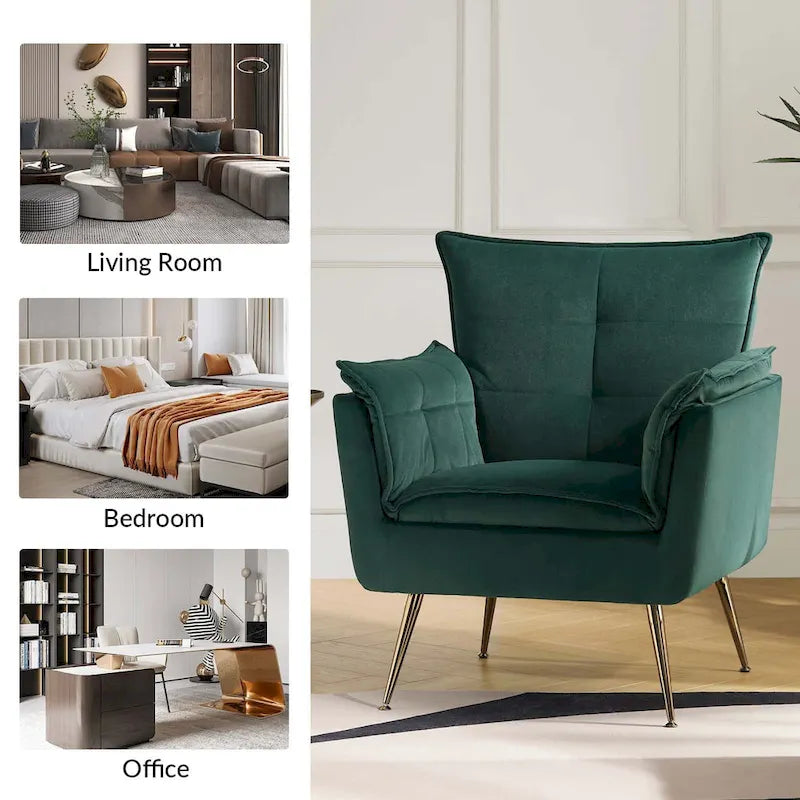 Modern Velvet Tufted Accent Armchair with Gold Metal Legs Set of 2