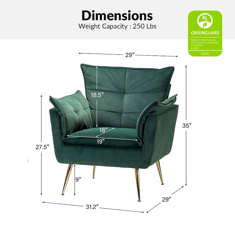 Modern Velvet Tufted Accent Armchair with Gold Metal Legs Set of 2