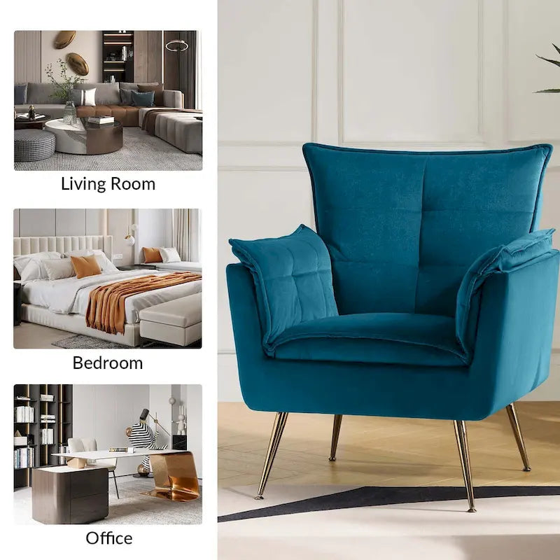Modern Velvet Tufted Accent Armchair with Gold Metal Legs Set of 2