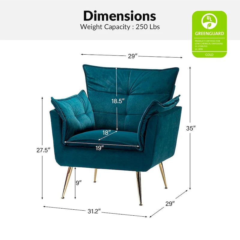 Modern Velvet Tufted Accent Armchair with Gold Metal Legs Set of 2