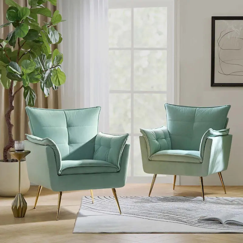 Modern Velvet Tufted Accent Armchair with Gold Metal Legs Set of 2
